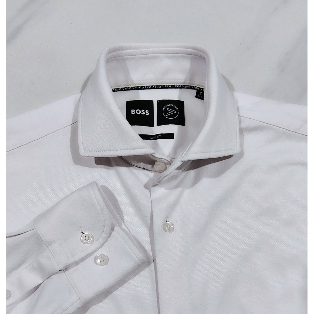 Hugo Boss Slim Fit Stretch Dress Shirt Mens 14.5 White Long Sleeve Spread Small